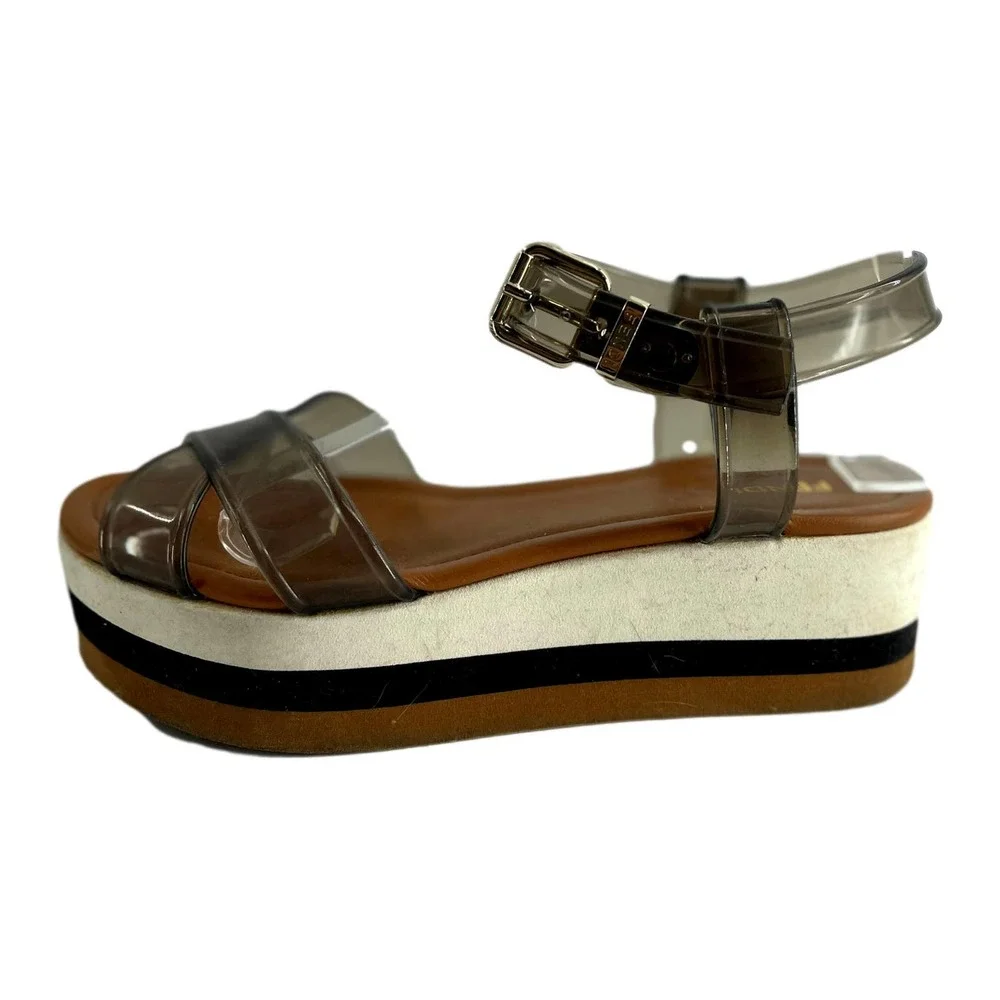 Fendi Black White & Tan Flat Platform Sandal European Size 37 EUCEUC - Picture 1 of 12